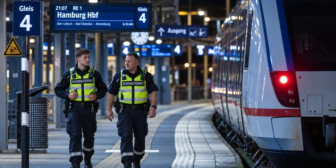 Zwei Mitarbeiter des Sicherheitsdienstes auf einem Bahnsteig
