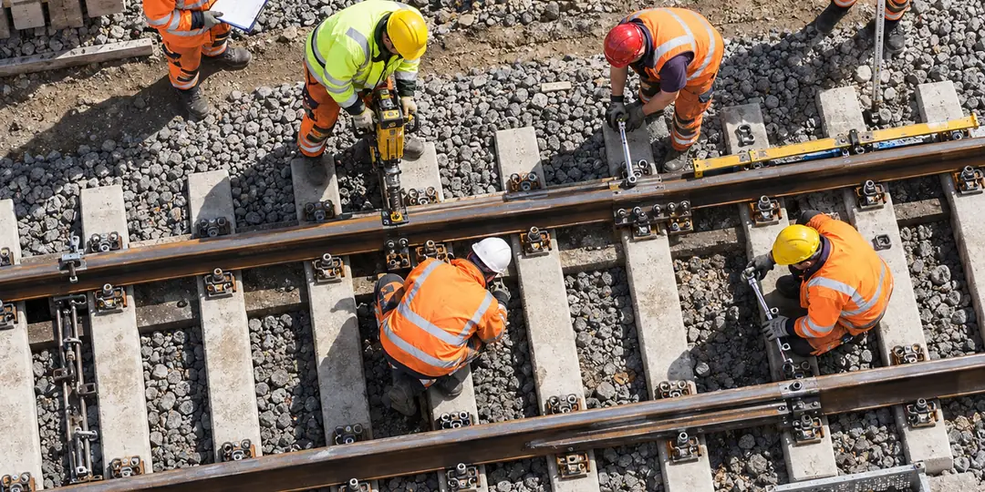 Gleisbau-Team bei der Arbeit an Schienen und Schwellen, Ansicht von oben